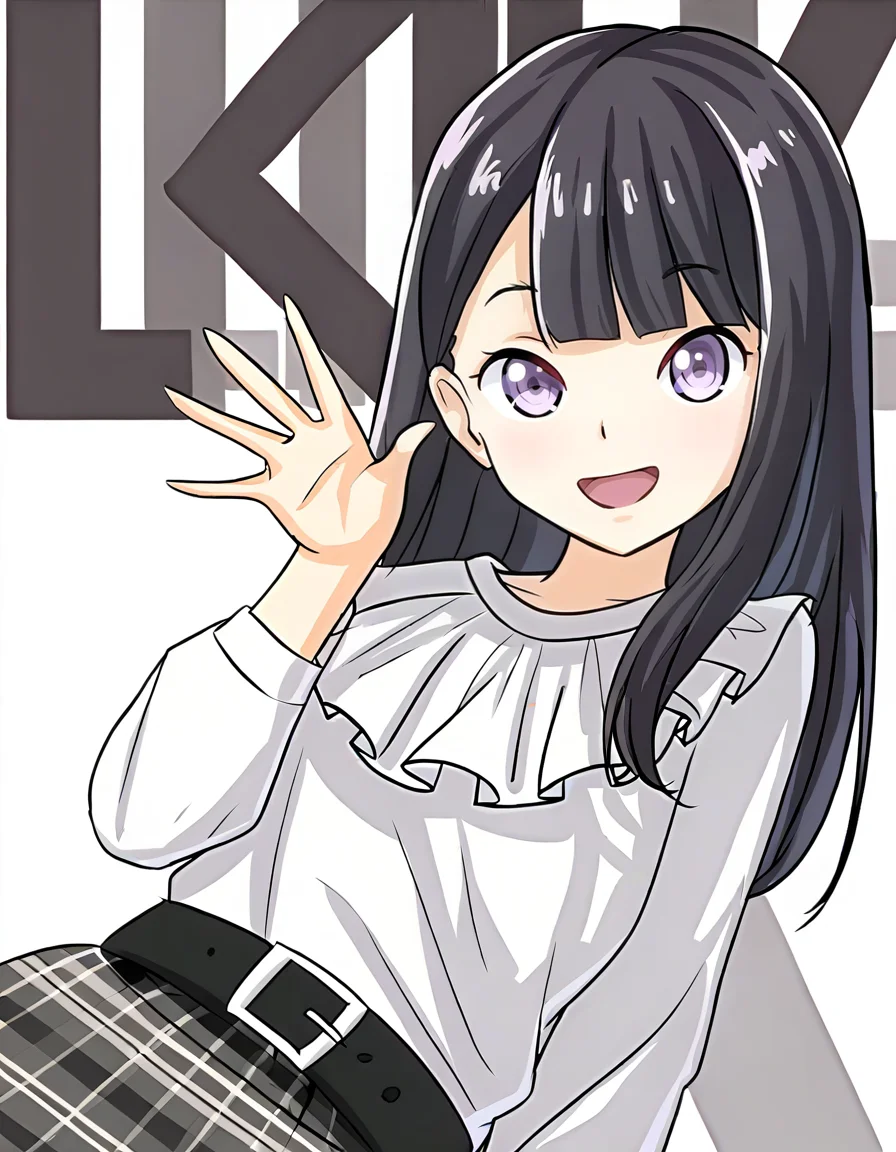 <lora:lijing_noob:1>,skin3,lijing,anotherstyle,1girl,solo,shirt,white shirt,long hair,smile,plaid,purple eyes,belt,white background,bangs,open mouth,looking at viewer,
masterpiece,best quality,very aesthetic,absurdres,