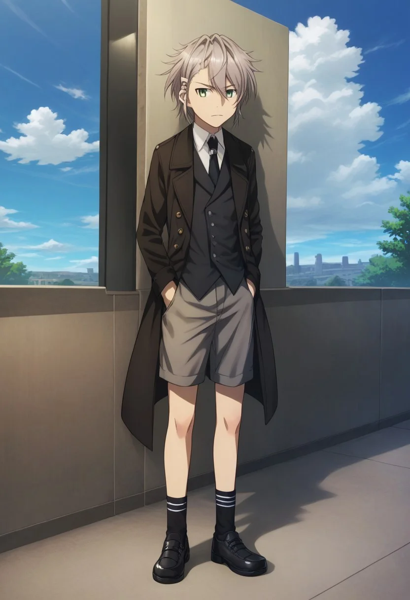 score_9, score_8_up, score_7_up, source_anime, highly detailed,
sukuna, 1boy, male focus, solo, grey hair, hair between eyes, hair ornament, green eyes, shirt, collared shirt, white shirt, necktie, vest, jacket, long sleeves, shorts, socks, black socks, shoes, black footwear,standing, back against wall, hands in pocket,
outdoor, sky, clouds,