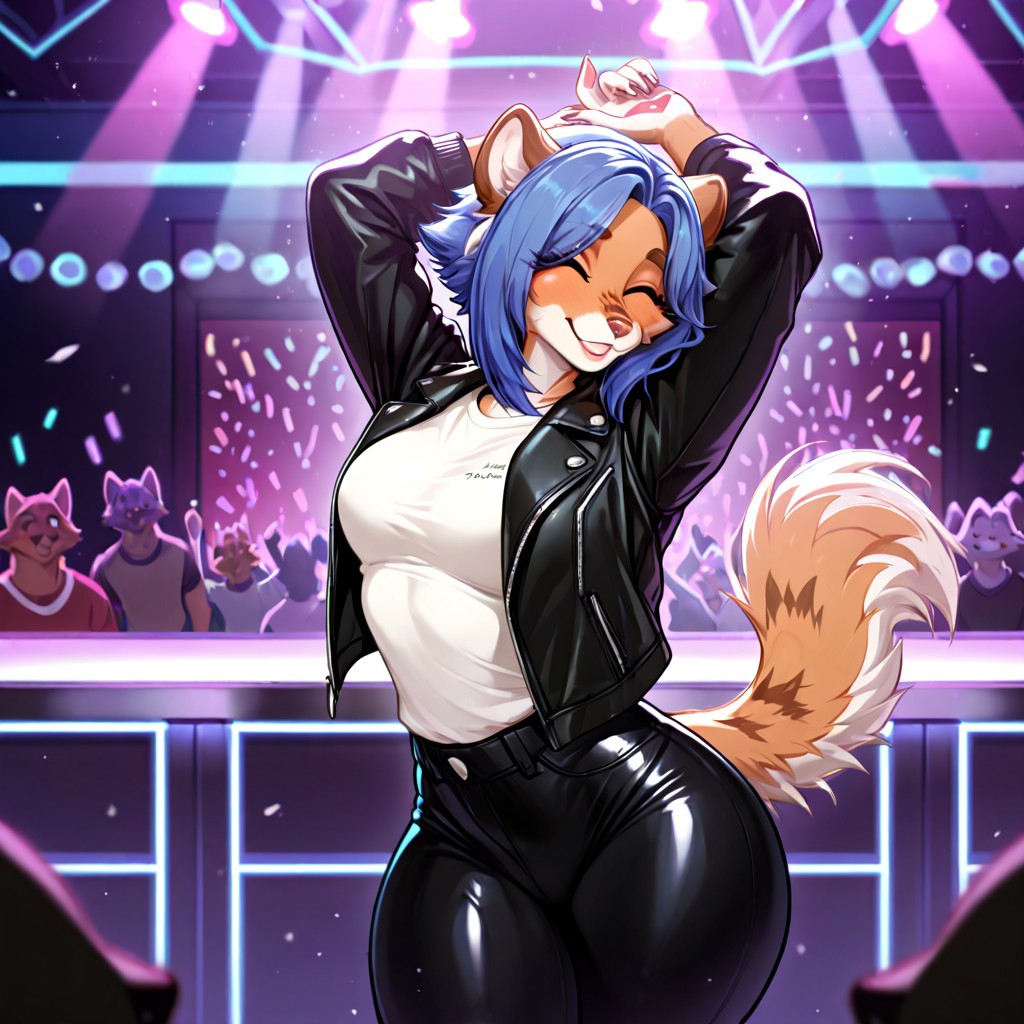 masterpiece, best quality, newest, absurdres, highres, furry, perfect anatomy, M1tz1,1girl,solo,furry,furry female,animal ears,short hair,blue hair,blue eyes,snout,animal nose,body fur,two-tone fur,brown fur,white fur,tail, white shirt, leather jacket, black jacket, black pants, skinny pants, rave, club, nightclub, dancing, solo focus, hands over head, hands in air, eyes closed, crowded background, happy, smiling