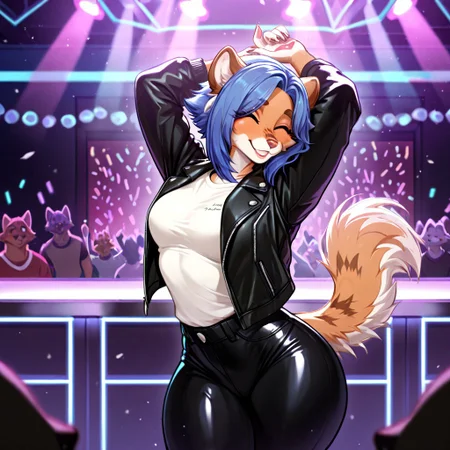 masterpiece, best quality, newest, absurdres, highres, furry, perfect anatomy, M1tz1,1girl,solo,furry,furry female,animal ears,short hair,blue hair,blue eyes,snout,animal nose,body fur,two-tone fur,brown fur,white fur,tail, white shirt, leather jacket, black jacket, black pants, skinny pants, rave, club, nightclub, dancing, solo focus, hands over head, hands in air, eyes closed, crowded background, happy, smiling