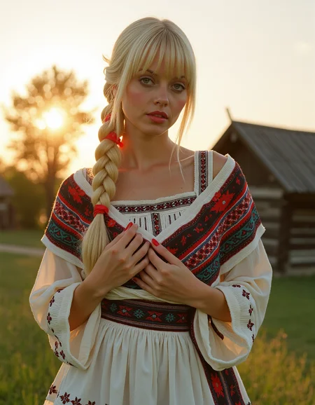 analog photography, shot by Kodak Duaflex II, ultra detailed, ultra quality, cinematic, dynamic posing, sensual pose, bangs, a mesmerizing woman with platinum blond hair woven into an elegant braid, adorned with bright red ribbons, standing in a lush meadow. She wears a traditional Romanian blouse (ie) with intricate black and red embroidery, symbolizing fertility and protection. Her flowing white skirt features delicate floral lace along the hem, and a wide, beaded belt accentuates her waist. Over her shoulders, she drapes a vibrantly woven wool shawl with geometric patterns. Her gaze is soft and mysterious, her Slavic cheekbones illuminated by the golden sunset as she stands near a quaint wooden village. <lora:Janacovaxhres-grm80vx:1> jancov