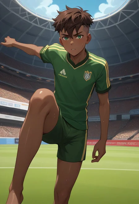 score_9, score_8_up, score_7_up, zPDXL3, source_anime, masterpiece, newest, 1boy, solo, male focus, Kai, Brown Hair, Undercut, Green Eyes, Brown Skin, dark skin, sweat, leg up, dynamic pose, soccer uniform, green clothes, bare legs, slim, cowboy shot, looking at viewer, intricate details, anime screencap, cel shading, perfect face, shiny skin, dynamic pose, outdoors,