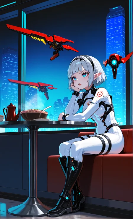 masterpiece, sharp detail, intricate detail, 1girl, pointy ears, detailed eyes, gradient blue eyes, long eyelashes, red eyeliner, short hair, silver hair, black hairband, medium breasts, blunt bangs, full body, white bodysuit, knee boots, armor, sitting, cafe, science fiction theme, indoors, bored, open mouth, soup on table, head rest, v-shaped eyebrows, floating red drones, floating weapon, glowing drones, <lora:Improved Anime Drones:0.8> science fiction, gradient background, soft gradient, huge window, neon city background,