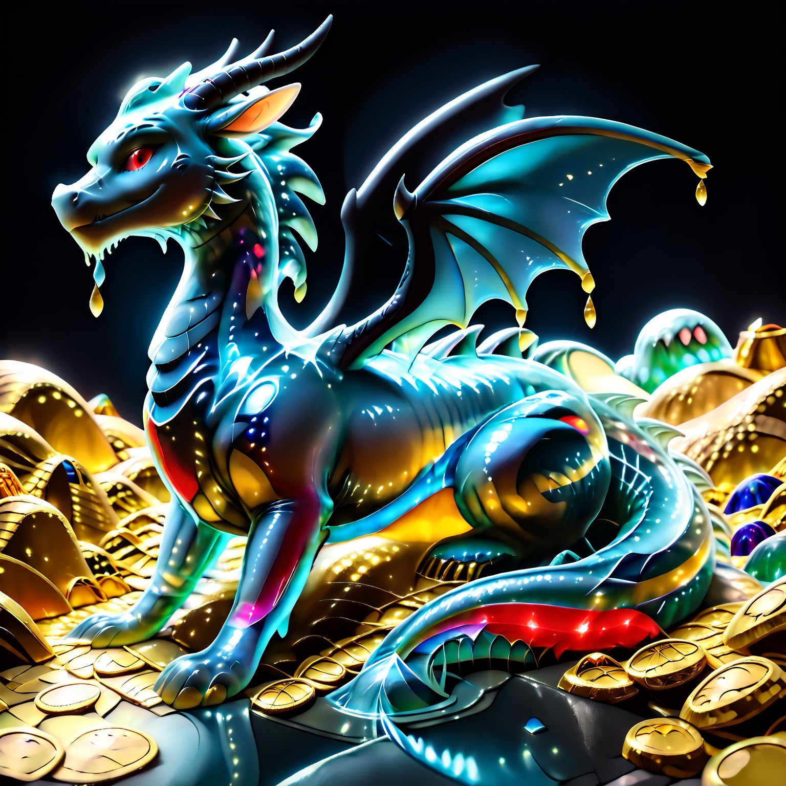 1dragon, highly detailed black  dragon, black dragon made out of slime, scaly black slime dragon, slime dragon with red eyes, black slime dragon laying in its hoard, black slime dragon with wings, dragon wings, detailed claws, detailed feet, detailed tail,
multi-colored gems made out of slime, in a room of treasure made out of slime, tiny gold coins and bars made out of slime, piles of tiny coins, piles of tiny gold slime coins, piles of gold slime, tiny gold slime coins, only tiny coins, translucent slime coins, 
treasure-room, treasure, gemstone, coins, gold bars, gold pile, 
everything made of slime, No simple background,
((translucent slime)), ((transparent slime)), (bioluminescent slime), sl1m3, slime, ais-blmn, watce, je11y, thickwater, great lighting, ral-lava, even lighting, no bright spots, saturated colors,