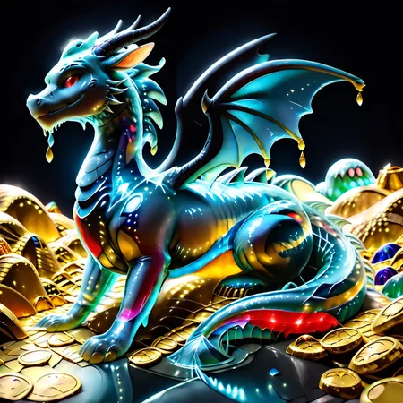 1dragon, highly detailed black dragon, black dragon made out of slime, scaly black slime dragon, slime dragon with red eyes, black slime dragon laying in its hoard, black slime dragon with wings, dragon wings, detailed claws, detailed feet, detailed tail,
multi-colored gems made out of slime, in a room of treasure made out of slime, tiny gold coins and bars made out of slime, piles of tiny coins, piles of tiny gold slime coins, piles of gold slime, tiny gold slime coins, only tiny coins, translucent slime coins,
treasure-room, treasure, gemstone, coins, gold bars, gold pile,
everything made of slime, No simple background,
((translucent slime)), ((transparent slime)), (bioluminescent slime), sl1m3, slime, ais-blmn, watce, je11y, thickwater, great lighting, ral-lava, even lighting, no bright spots, saturated colors,