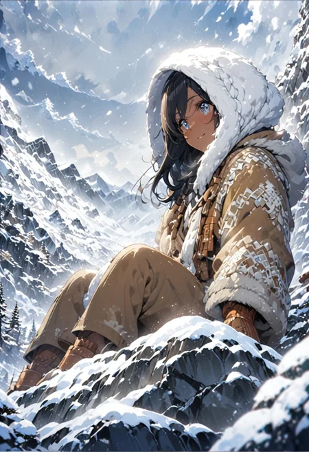 1woman, solo, long hair, black hair, Nepal style, long brown fur parka, dark blue eyes, breath fog, eyeliner, brown pants, gorgeous lips, brown skin, tan skin, sitting on a stone, fur lined hood, side swept bangs, brown mittens, brown snow boots, snow covered mountain trail, Himalayas, snow falling, winter season, windy, white sky, clouds against the mountain, steep, nature, snow, charming smile, ultra detailed eyes, (masterpiece), (best quality), (ultra-detailed), very aesthetic, illustration, knee high snow, blizzard weather, perfect composition, intricate details, absurdres,
(anime, masterpiece, intricate:1.3), (best quality, hires textures, high detail:1.2), (4k),(incredibly detailed:1.4), perfect anatomy, graceful face, slim, gorgeous lips, UHD, 8K, ultra detailed, a cinematic photograph of HDR photo, full body photo of a beautiful natural woman,