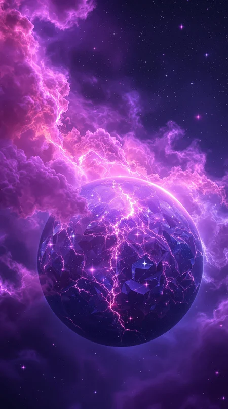 A breathtaking crystal planet seen from space, glowing with a luminous, ethereal purple light. The surface of the planet is covered in large, jagged crystal formations that shimmer with an iridescent glow, reflecting light in a dazzling array of colors. Surrounding the planet is a vast nebula, swirling with soft purple, pink, and violet hues, creating a dreamlike atmosphere. The nebula's vibrant tendrils stretch across the background, with distant stars twinkling faintly. The planet's surface and atmosphere are illuminated by a mysterious, otherworldly light, creating an awe-inspiring and mystical view from afar, capturing the incredible quality and detail of this alien world