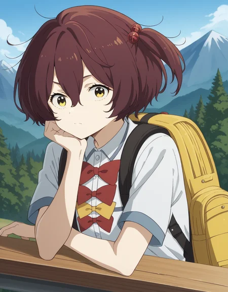 score_9, score_8_up, score_7_up, source_anime, <lora:chika-komari-s1-ponyxl-lora-nochekaiser:1>, chika komari, short hair, bangs, brown hair, hair ornament, hair between eyes, side ponytail, one side up, hair bobbles, yellow eyes,, skirt, shirt, bow, school uniform, white shirt, short sleeves, pleated skirt, bowtie, yellow bow, grey skirt, yellow bowtie, red bow, red bowtie,, mountain trail, hiking, nature, backpack, adventure, fresh air, , , sitting, elbow rest, table,, solo,, cowboy shot, dutch angle