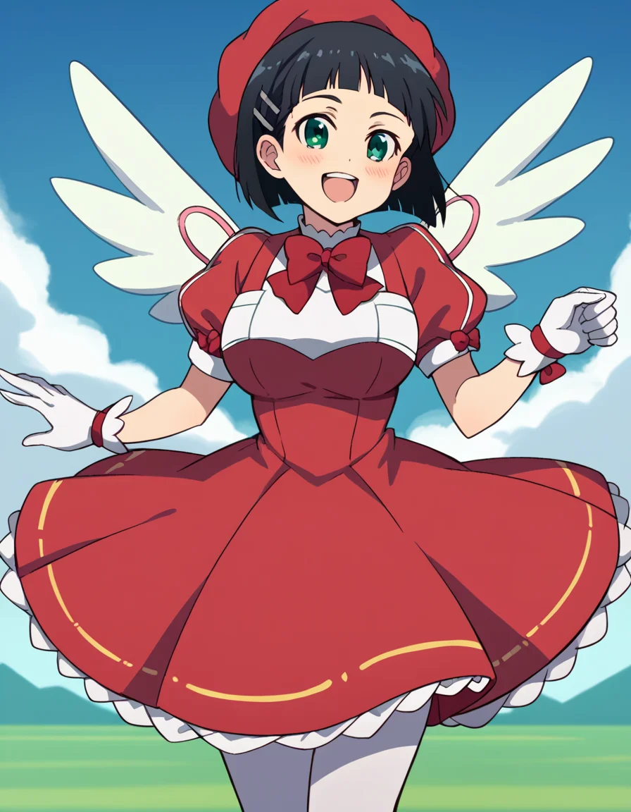 score_9, score_8_up, score_7_up, source_anime, suguhakirigaya, <lora:suguha-kirigaya-s1-ponyxl-lora-nochekaiser:1>, suguha kirigaya, short hair, black hair, hair ornament, hairclip, green eyes, large breasts,, <lora:sakura-kinomoto-cosplay-ponyxl-lora-nochekaiser:1>, sakurakinomotocosplay, kinomoto sakura \(cosplay\), bow, bowtie, dress, gloves, hat, magical girl, pantyhose, petticoat, ppuffy short sleeves, puffy sleeves, red bow, red bowtie, red dress, red hat, short sleeves, white gloves, white pantyhose, white wings, wings,, outdoors, open mouth, blush, smile, flying,, cowboy shot, dutch angle, solo,