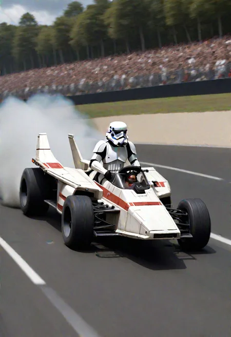 storm trooper driving a formula 1 X-wing seen from the side as it passes the onlookers