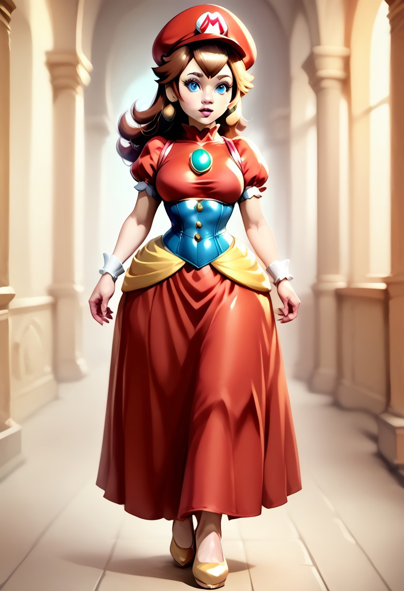 <lora:MtF_Genderswap:1>, genderswap \(mtf\), Mario, facing forward, mario hat, adult woman, extremely large nose, extremely bulbous nose, very wide face, circular head shape, wide chin, wide jawline, brown hair, lightly curly hair, blue eyes, average bust, wide hips, super crown, princess dress, red dress with blue accents, style-princess, underbust corset, fully clothed, zPDXL, score_9, score_8_up, score_7_up, score_6_up, score_5_up, score_4_up,
full body render, full body, photorealistic image, realistic image, high quality, detailed face, realistic human proportions, detailed clothes,