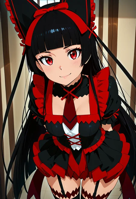 masterpiece, best quality, 1girl, solo, eyelashes, medium breasts, narrow waist, zzRory, red eyes, long hair, black hair, blunt bangs, hime cut, very long hair, hair ribbon, black dress, black thighhighs, garter straps, bow, <lora:RoryMercuryGateZAP_IXL:1.0>,, cowboy shot, leaning forward, smile, looking at viewer, shiny skin,