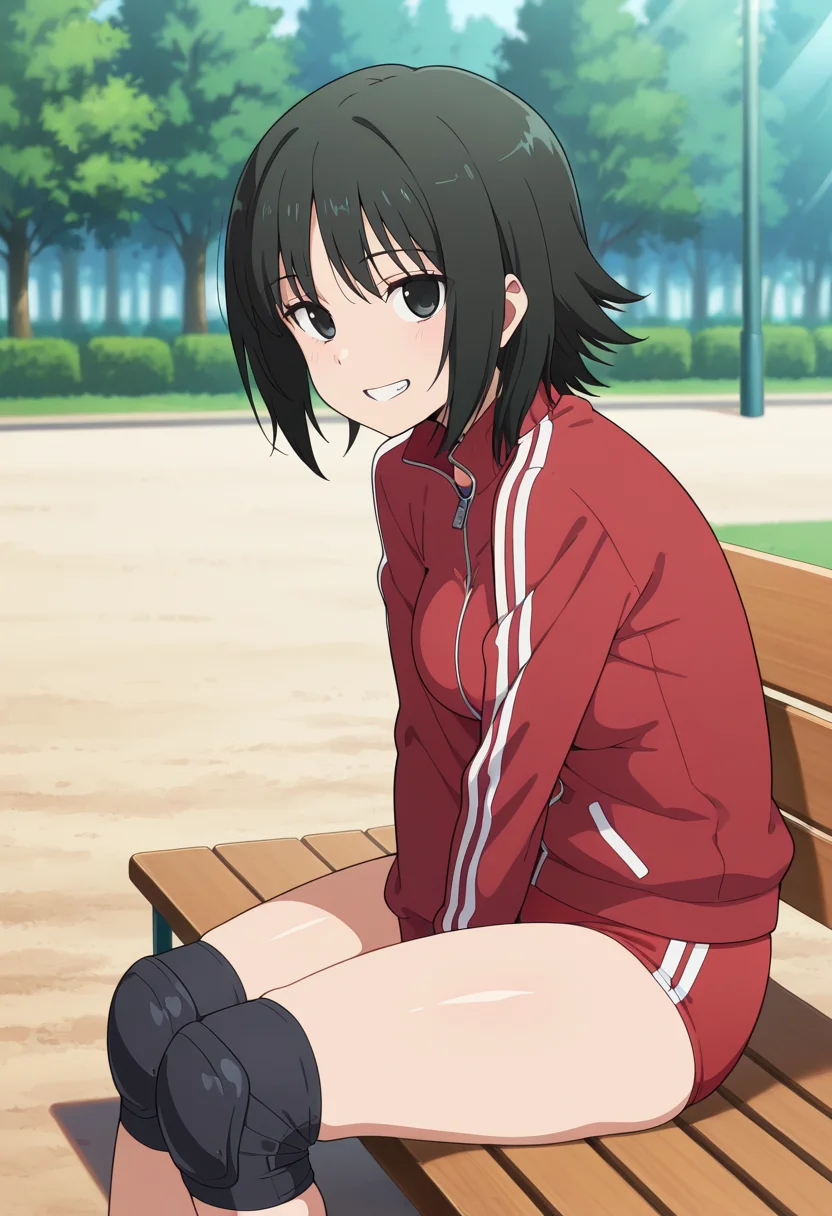 masterpiece, best quality, amazing quality, very aesthetic, absurdres, newest, illustration, perfect composition, intricate details, highres, anime coloring, general, 1girl, solo, atsukoww, black eyes, black hair, medium hair, medium breasts, two-tone jacket, track jacket, red and black jacket, long sleeves, zipper, red buruma, knee pads, shoes, <lora:Atsuko_Minami-Ke_ill:1>, from side, sitting, on bench, slightly hunched, hands between thighs, elbows resting on thighs, relaxed posture, arms pressing against chest, breasts squeezed together, breasts squished between arms, breast emphasis, closed legs, looking at viewer, smile, teeth, clenched teeth, outdoors, park, day, sunlight, shiny body, shiny skin, skindentation, clear skin, shiny hair, ultra detailed eyes, depth of field, sharp, intricate details, hyperdetailed, ultra-detailed, detailed clothing folds, high contrast, dynamic light