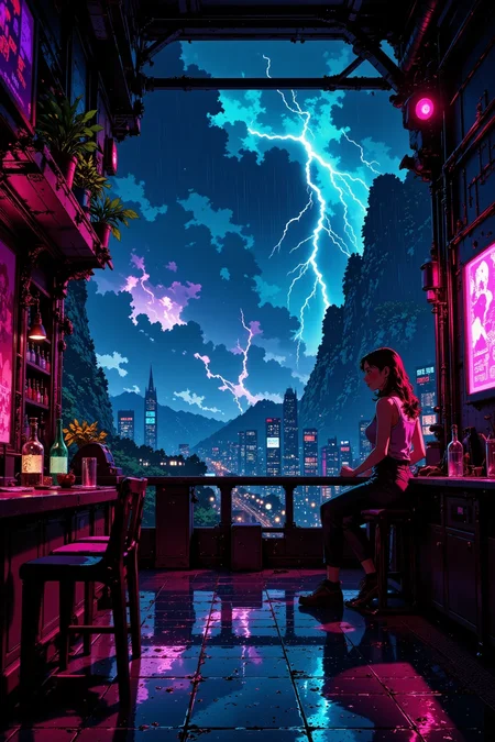 a cyberpunk bar in a distant planet beautiful landscape, rain and storm, woman, very intricate, very detailed, sharp, bright, colorful, <lora:Hand v2:0.5> <lora:Anti-Blur:1><lora:Insane Detail Slider:0.25> <lora:flux.1_lora_flyway_Epic-detail_v2:0.3> <lora:fluxenhancer:0.25> <lora:ROWER:0.6> <lora:flux-charmer-v1-1:0.4><lora:Vibrantly_Sharp_style_v.5:0.4> <lora:realanime:1>