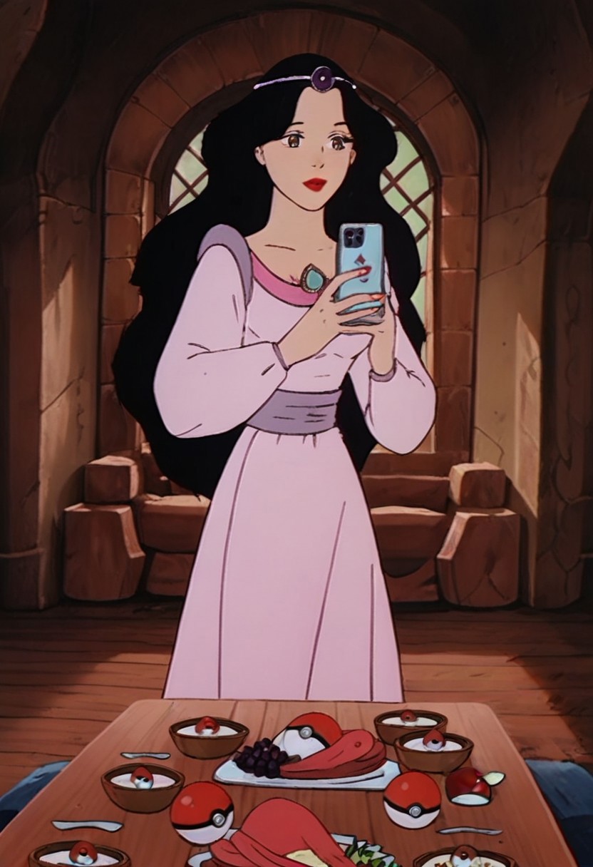 score_9_up, score_8_up, score_7_up, 1980s (style), retro artstyle, source_cartoon, rating_safe 
JetLagSnowWhite, 1girl, black hair, long hair,  lipstick, makeup, red lips, brown eyes, tiara, circlet, jewelry, gem, dress, long sleeves, pink dress, purple dress, white dress,
solo, standing, bedroom, window, bed, pillows, detailed background, mirror, selfie, cellphone holding cellphone, blue cellphone, solo pokeball_(/basic/)