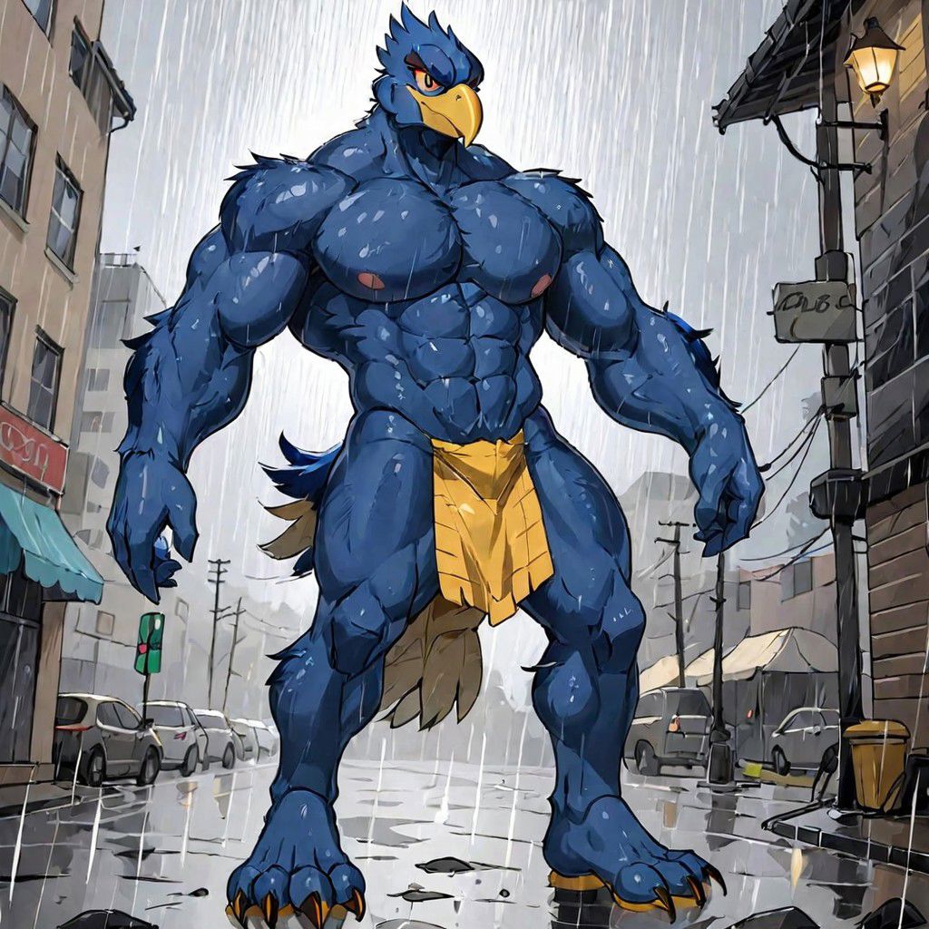falco, falco lombardi, solo, male, male focus, furry, anthropomoprhic, furry, bird, avian, blue body, blue feathers, humanoid body, humanoid hands, bird head, bird feet, bird tail, pectoral muscles, massive muscles, body builder body, bird talons, male genitals, thick penis, girthy penis, green eyes, humanoid tongue, humanoid ass, humanoid thighs, bird legs, bird beak, nude, standing outside in the rain