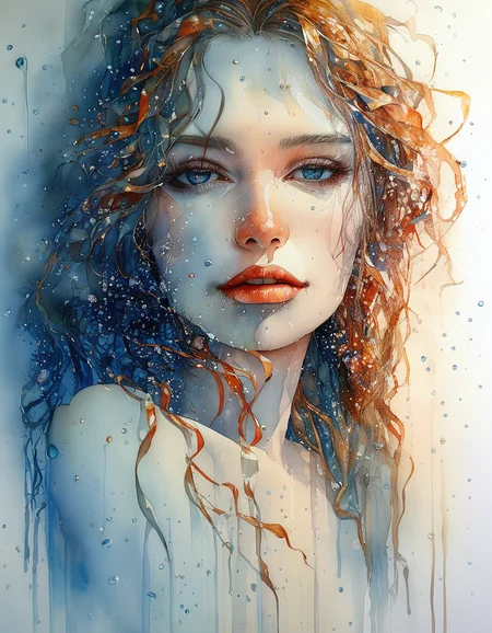 sparkles, wet watercolor painting of a beautiful woman, breathtaking shimmers, intricate detailed