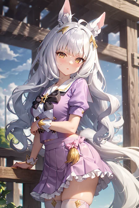 masterpiece, best quality,
biwa hayahide \(umamusume\),
tracen school uniform, purple shirt, pleated skirt, puffy short sleeves, white skirt, puffy sleeves, summer uniform, frilled skirt, sailor collar, sailor shirt, miniskirt, frills, white thighhighs
<lora:biwa_hayahide_locon_0.99:0.6>