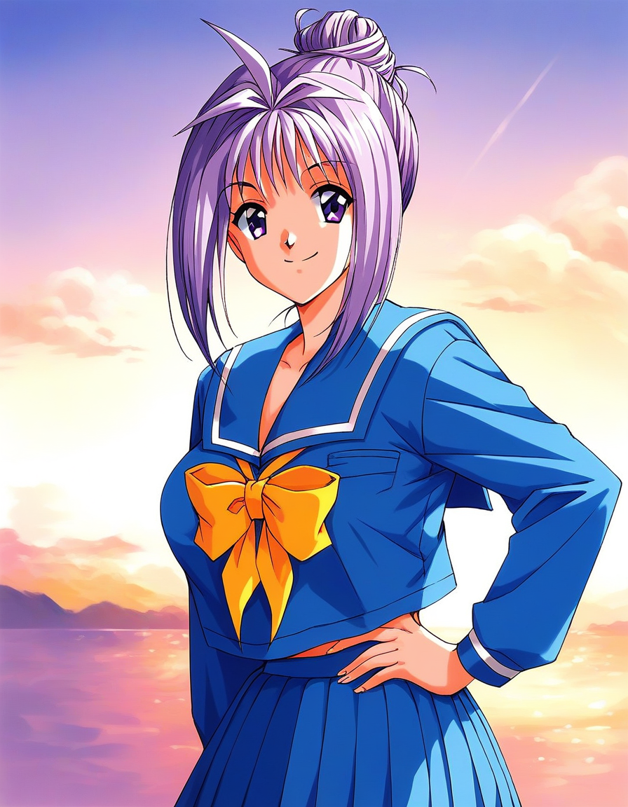 score_9, score_8_up, score_7_up, source_anime, rating_explicit, BREAK  <lora:Katagiri_Ayako_XL:1>ãKatagiriAyako, light purple hair, single hair bun, short hair, large breasts, purple eyes
1990s \(style\),
1girl, solo, school uniform, serafuku, bow, skirt, yellow bow, hand on hip, sailor collar, blue skirt, smile, long sleeves, pleated skirt
outdoor, blue sky, day,