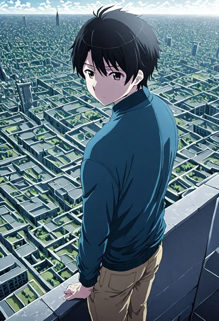 high resolution, solo, best quality, 1Boy, Inaho Kaizuka, Black Hair, high-rise, top of building, landscape, depth of field, OverallDetail