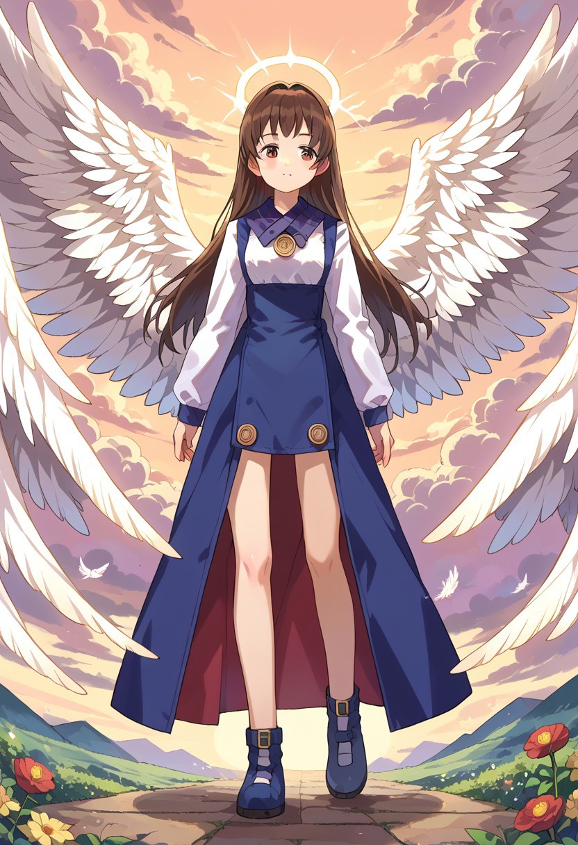score_8, score_8_up, score_7_up, source_anime, anime screenshot,  1girl, female focus, solo, Amer_SN2, long hair, bangs, brown hair, hirt, brooch, dirndl, long sleeves, white sleeves, sleeve cuffs, overall skirt, overskirt, buttons, bare knees, legs, shoes, ankle strap, blue footwear,  full body, Wings, angel wings, feathered wings, cloud, sky, outdoors, arms at side
