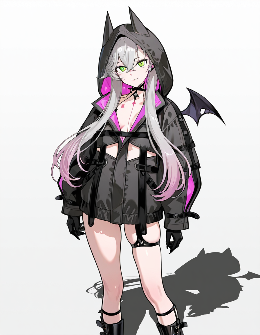 Volumetric Lighting, (masterpiece), (best quality), (ultra-detailed), masterpiece, source_anime, score_9, score_8_up, score_7_up BREAK, illustration, disheveled hair, detailed eyes, perfect composition, moist skin, intricate details, detailed eyes, detailed face, detailed fingers BREAK, Lilith, grey hair, green eyes, gradient hair, pink hair, crossed bangs, colored skin, sharp fingernails, lilith_body_markings,slit pupils BREAK, Lilith1st, 1st_hoodie, partially unzipped, 1st_chest_strap, 1st_choker, 1st_mini_wings, 1st_ear_piercings, 1st_thigh_strap,1st_boots, 1st_leg_tattoo, 1st_socks, hood up,breasts BREAK, looking at viewer, smile, standing,shadow,white background, simple background