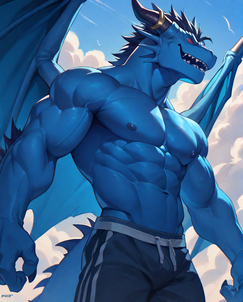 score_9,score_8 up,score_7 up,score_6 up,blue_dragon,dragon,wings,horns,blue body,red eyes,muscles,muscular,<lora:Blue_Dragon:0.9>,