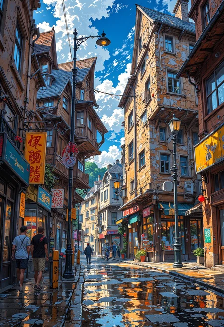 A bustling city street folds and twists like a crumpled sheet of paper, yet the people walking along it seem unfazed. Buildings stretch and curve into impossible shapes, their windows and doors distorted like a funhouse mirror. A cyclist rides along a road that loops in on itself, and a streetlight appears to be melting into a pool of liquid light. The perspective shifts unpredictably, making it hard to tell which way is up or down.