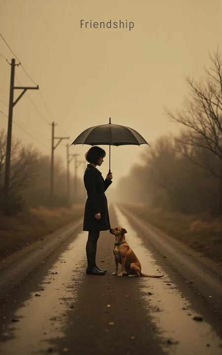 This is a sepia photograph depicting a minimalist, melancholy scene showing a woman standing on a dirt road in the rain, holding an umbrella over a small dog while she gets wet. The dog, sitting quietly at her side, stays dry. The background features an overcast sky and sparse, leafless trees, creating a somber, nostalgic mood. The word "Friendship" appears at the top. The text "Friendship" is written at the top of the image, in a simple, black font.

highly detailed,ultra-high resolution,32K UHD,sharp focus,best-quality,masterpiece,unconventional supreme masterpiece,masterful details,depth of field,blurry background,blurry foreground,motion blur,going really fast masterpiece,deep focus,
color  graded cinematic,atmospheric  lighting,award  film grain,A shot with tension,(Visual impact,giving the poster a dynamic and visually striking appearance:1.2),impactful picture,
ultra-realistic,high dynamic range,photoreal,epic realistic,dark shot,shadows,(This is a real high-definition photo:1.1),with professional photography and high resolution，
contrast,layered colors,vivid colors,contrast,offcial art,movie perspective,very aesthetic,disheveled hair,perfect composition,intricate details,moody,epic,photorealistic,
intricate details,soothing tones,high contrast,natural skin texture,soft light,sharp,masterpiece,best quality,(ray tracing),sunlight,insanely interplay between lights and shadows,