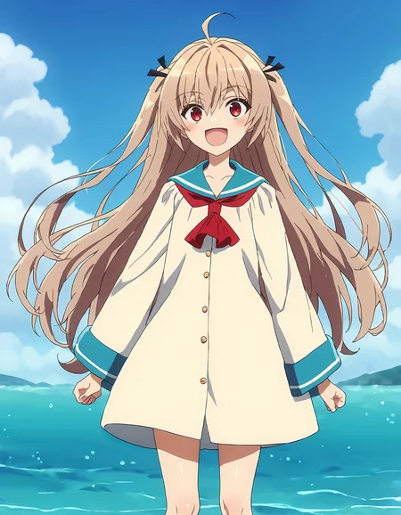 score_9, score_8_up, score_7_up, score_6_up, score_5_up, score_4_up, source_anime, <lora:ATRI_T1V1:0.85>, <lora:sdxl_lightning_8step_lora:1>,
1girl, solo, anime screencap,
ATRI_T1V1, light brown hair, long hair, two side up, hair between eyes, ahoge, red eyes,
hair black ribbon, eyes visible through hair, floating hair, floating clothes, 
school uniform, sailor dress, white dress, long sleeves, wide sleeves, blue sailor collar, red neckerchief, bare legs, 
standing, arms at sides, clenched hands, soaking feet, 
looking at viewer, blush, open mouth, happy, smile, 
outdoors, beach, ocean, blue sky, day, cloud,
