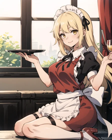<lora:yumeko_(touhou):1:BODY>, yumeko_(touhou), solo, 1girl, smile, long_hair, breasts, blonde_hair, skirt, ribbon, dress, yellow_eyes, frills, short_sleeves, very_long_hair, puffy_short_sleeves, shoes, apron, brown_footwear, maid_headdress, maid, high_heels, white_apron, frilled_apron, maid_apron, garter_straps, wavy_hair, red_dress,