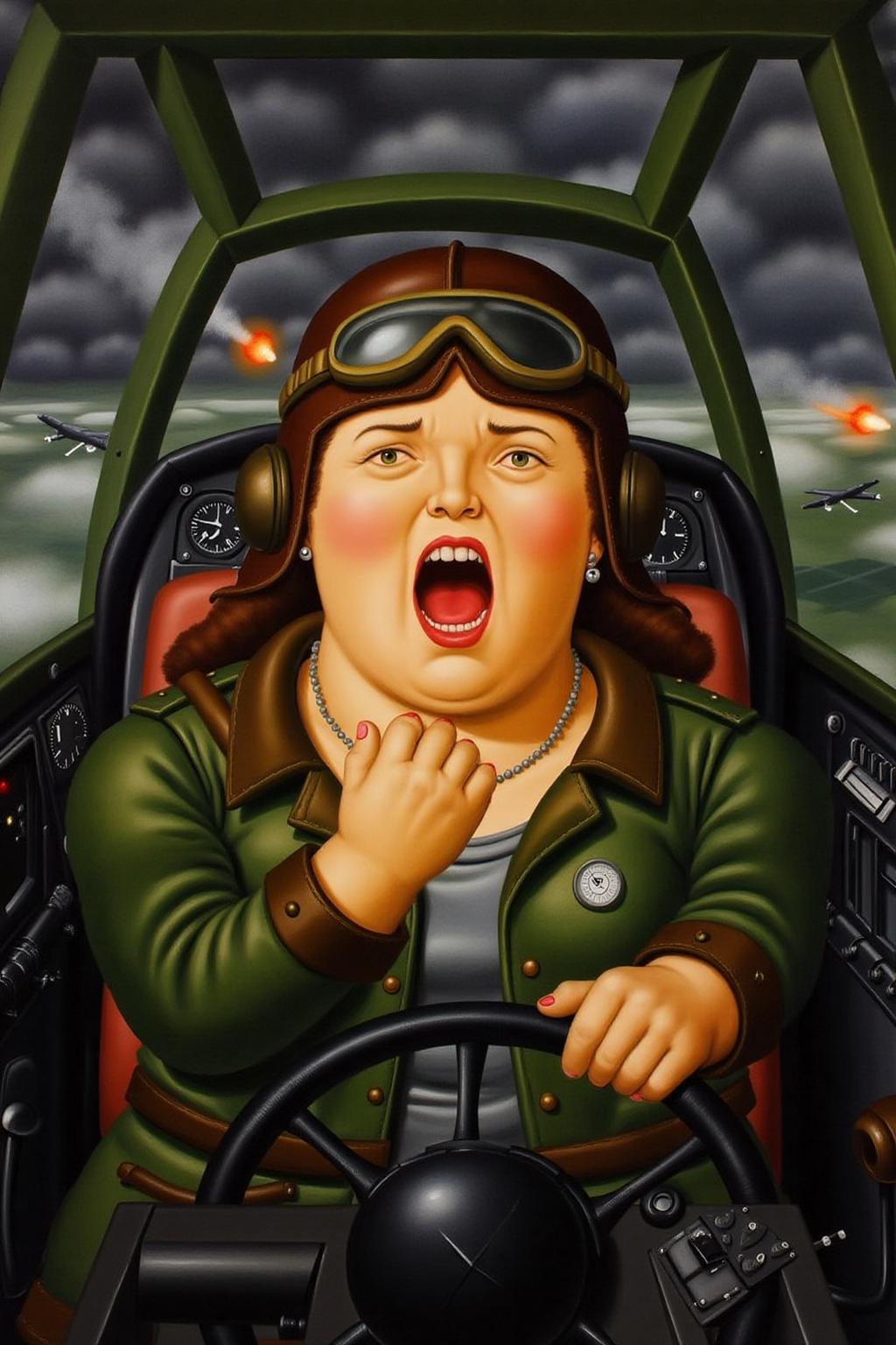 fernandobotero1 painting.
A female pilot screaming inside the cockpit of a World War II bomber. The pilot, wearing a vintage leather flight helmet with goggles and a bomber jacket, grips the controls with white-knuckled hands. Her face is contorted in a mix of fear and determination as she yells, her eyes wide with adrenaline. The cockpit is cramped and filled with old-fashioned dials and gauges, with the outside view showing dark stormy clouds and distant anti-aircraft fire
 <lora:fernandobotero1_cap_d6a3e7:1.0><lora:840281360716505593:0>