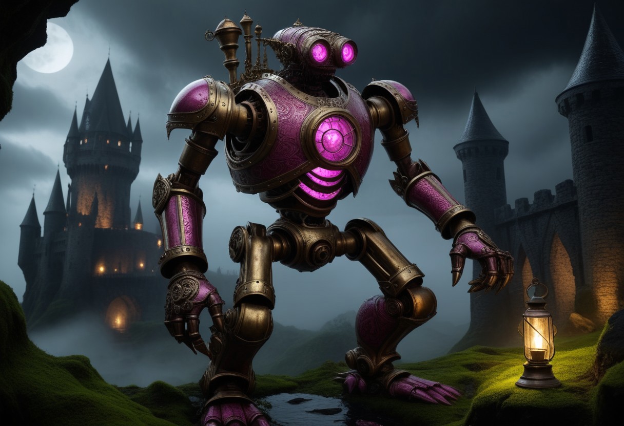 giant bipedal robot brass and dark pink striped paint, bronze paisley robot. lacy robot metal. glass jar helmet torso head. outside of a steampunk keep. large detailed torso. dark image. one forty foot tall ancient robot with great arms and two heavy spring legs. dark foggy night background. $dark foggy night image only. dark photo realistic image. steampunk details. cogs, chains and pipes incorporated in the fantasy buildings. magic wizards tower in background. Dark swamp, moss, castle ruins, wizards tower. stormy dark night.  stormy sky.  rain