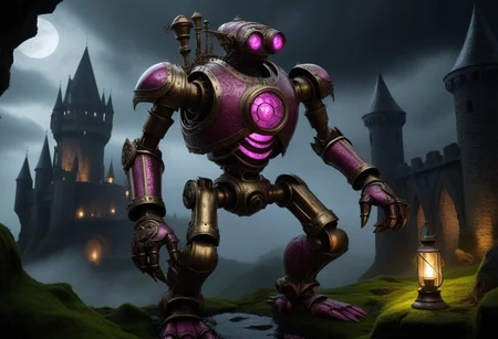 giant bipedal robot brass and dark pink striped paint, bronze paisley robot. lacy robot metal. glass jar helmet torso head. outside of a steampunk keep. large detailed torso. dark image. one forty foot tall ancient robot with great arms and two heavy spring legs. dark foggy night background. $dark foggy night image only. dark photo realistic image. steampunk details. cogs, chains and pipes incorporated in the fantasy buildings. magic wizards tower in background. Dark swamp, moss, castle ruins, wizards tower. stormy dark night. stormy sky. rain