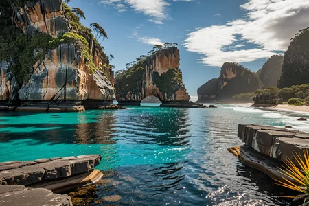 A cinematic scenic photography Along a secluded Tasmanian inlet where rugged rocks meet cool Southern Ocean and scattered palm palms sway, At late morning clarity, (southern sun:1.12) illuminates turquoise channels, crisp palm shadows on ledges, sea sprays diamonds. ,, Masterpiece,best quality,realistic,HDR, 8K, masterpiece, absurdres, highly aesthetic,realistic anatomy,focus on realism and natural details, fine details