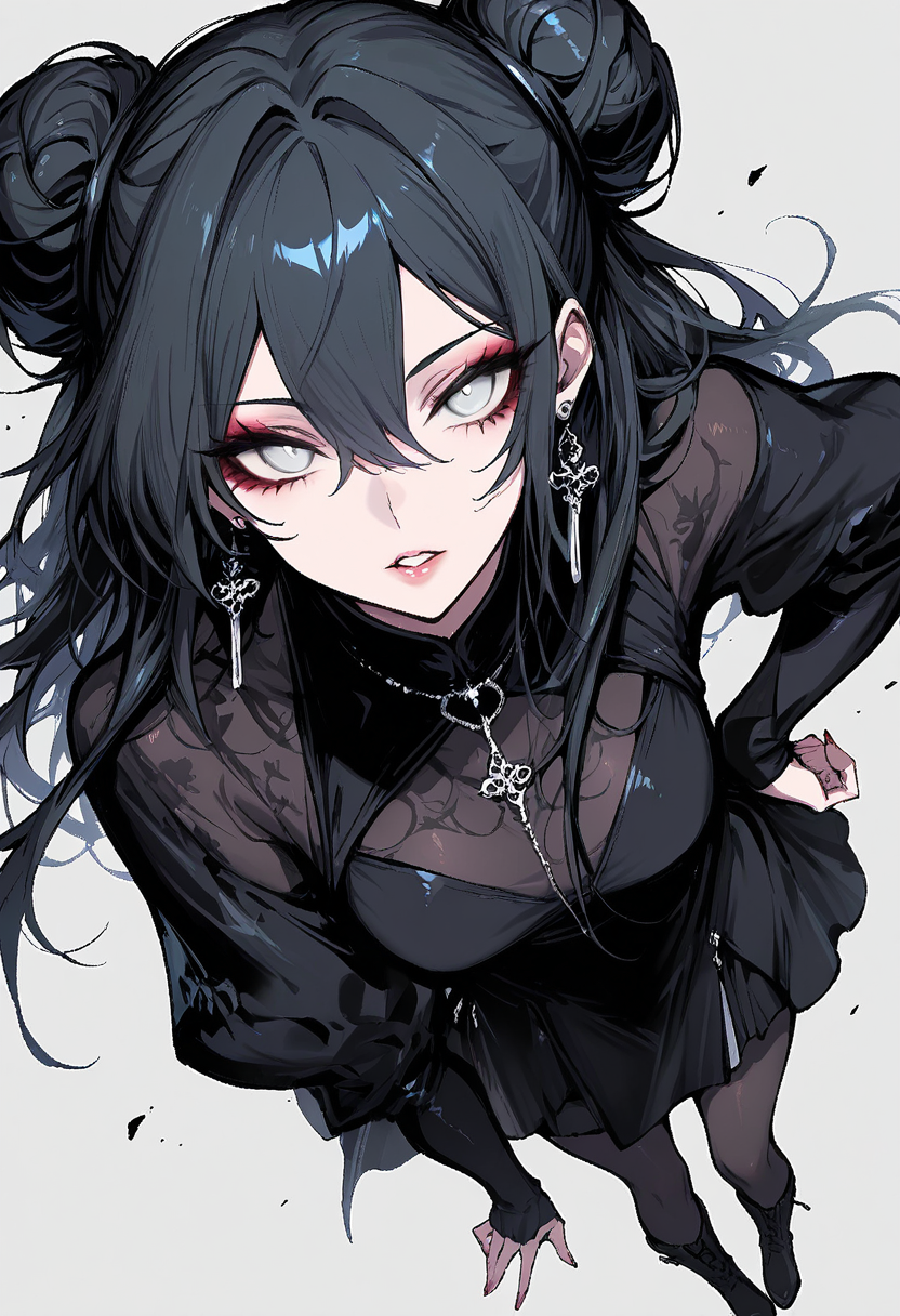 <lora:Lora\[Yue]Nijistyleâ :1> <lora:Lora\r8r:0.8> lora:Lora\Midjourney_Niji_Anime_model_style_for_IllustriousXL__*/Mix_of_V5__V6:1>manga style masterpiece, best quality, good quality, very aesthetic, absurdres, newest, 8K, depth of field, focused subject, dynamic angle, manga, anime, inksketch, wabi sabi, 1girl, double bun, hair bun, jewelry, black hair, earrings, pantyhose, bangs, looking at viewer, grey eyes, hand_on_hip, dress, simple background, parted lips, grey background, boots, white eyes, black dress, full body, makeup, breasts, midniji, vibrant colors, dynamic poses . vibrant, high-energy, detailed, iconic, Japanese comic style