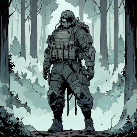 high-definition 8k comics artwork in dgst art style of an special forces soldier wearing tactical armor standing in a thick forest with fog, full body.