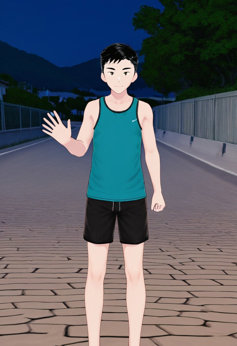 harmard, black hair, short hair, brown eyes, 1boy, solo, solo focus, turquoise color tank top, black shorts, young man, youthful, outdoor, at night day, small body