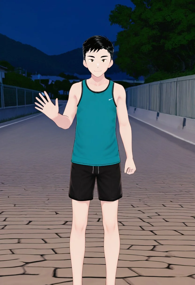 harmard, black hair, short hair, brown eyes, 1boy, solo, solo focus, turquoise color tank top, black shorts, young man, youthful, outdoor, at night day, small body