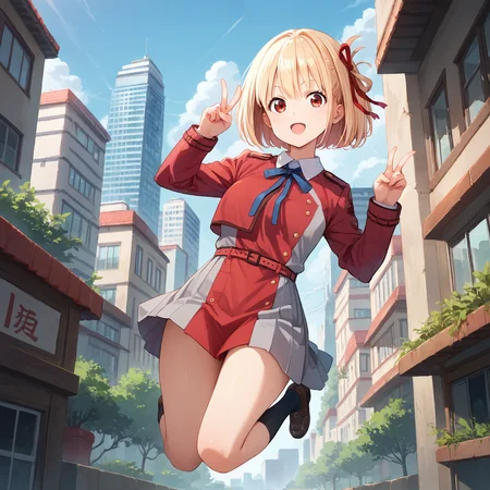 score_9, score_8_up, score_7_up, score_6_up, score_5_up, score_4_up, BREAK source_anime, look at viewer, 1girl, solo, outdoors, full body, city, double v, masterpiece, best quality, high detailed skin, nishikigi chisato, chisato def, short hair, blonde hair, red hair ribbon, red eyes, lycoris uniform, long sleeves, blue neck ribbon, belt, black socks, brown footwear, jumping,