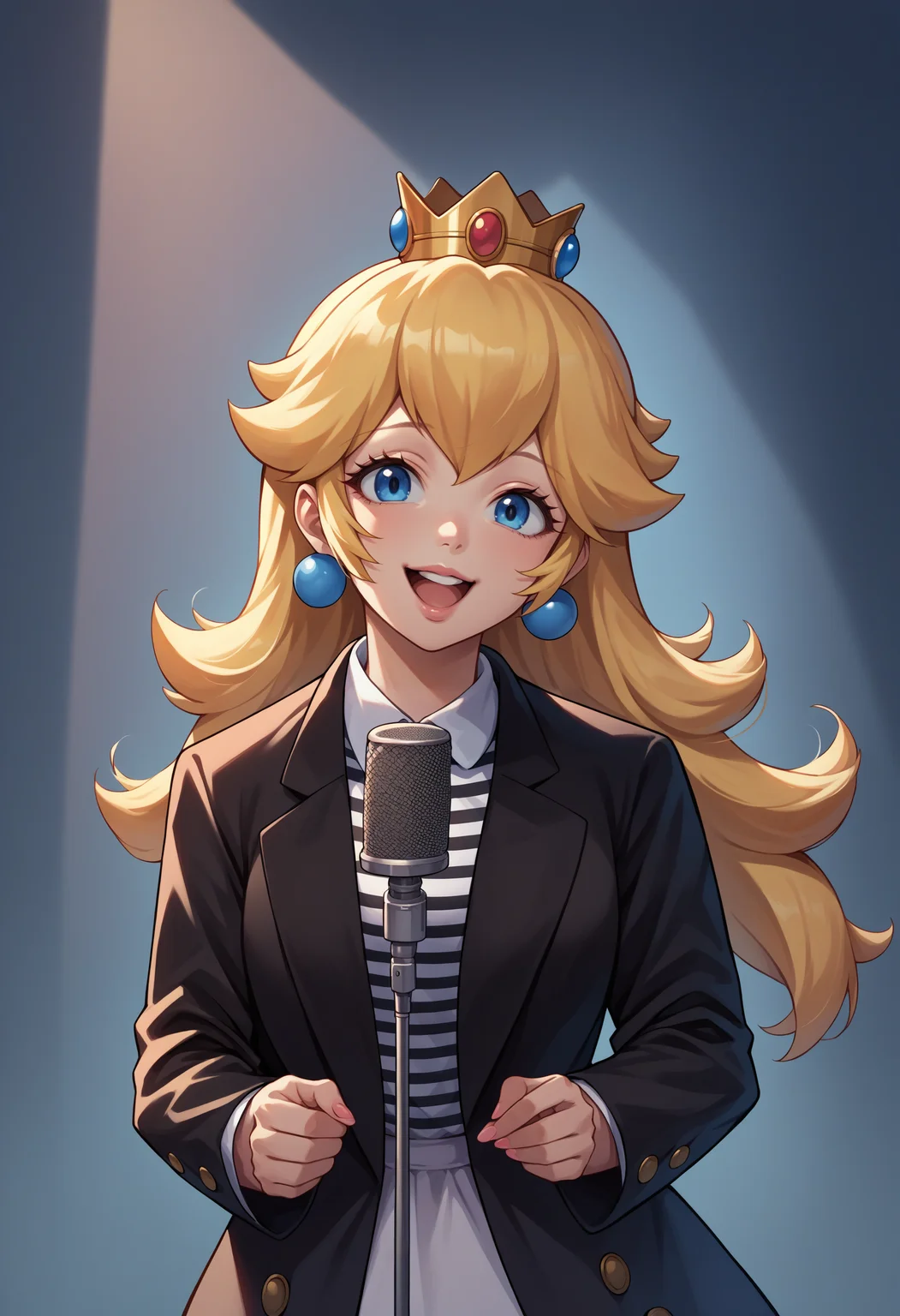 score_9, score_8_up, score_7_up, source_anime, 1girl, IncrsNeverGonnaGiveUUp, smile, looking at viewer, microphone stand, upper body, black jacket, striped shirt, open mouth, suit, open jacket, <lora:NeverGonnaGiveYouUp_XLPD:1>, princess peach, crown,