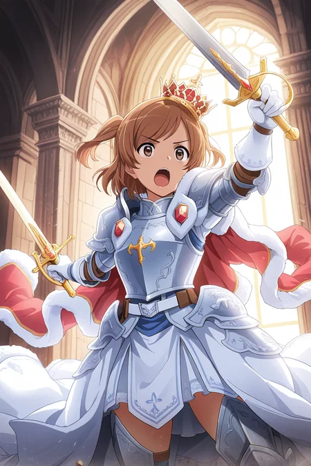 masterpiece, best quality, amazing quality,
<lora:Karen_IL:1> karen, 1girl, solo, weapon, brown hair, sword, brown eyes, crown, gloves, holding weapon, short hair, holding, white gloves, armor, holding sword, open mouth
