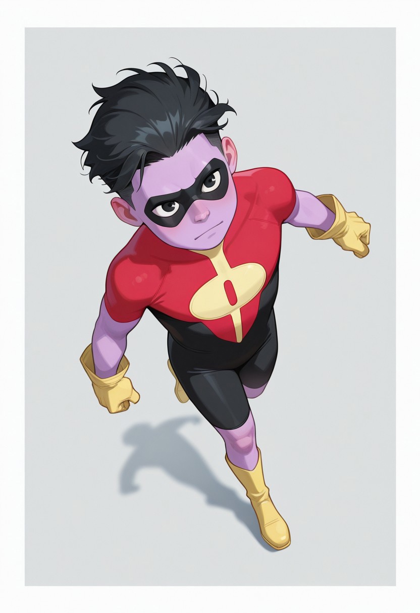 1boy, male focus, cute boy, rOliver_Grayson, Purple Skin, Colored Skin, Black Hair, Black Eyes, Domino Mask, Superhero Costume, Yellow Gloves, Yellow Boots, levitating, simple background, graphic border, cinematic, intricately detailed illustration, depth of field, masterpiece, best quality, amazing quality, very aesthetic, absurdres, newest, very awa, shadow, dynamic angle, casual cosplay, dynamic pose, action pose