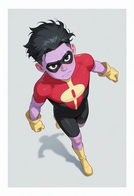 1boy, male focus, cute boy, rOliver_Grayson, Purple Skin, Colored Skin, Black Hair, Black Eyes, Domino Mask, Superhero Costume, Yellow Gloves, Yellow Boots, levitating, simple background, graphic border, cinematic, intricately detailed illustration, depth of field, masterpiece, best quality, amazing quality, very aesthetic, absurdres, newest, very awa, shadow, dynamic angle, casual cosplay, dynamic pose, action pose