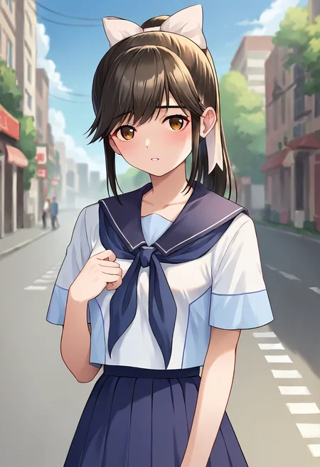 score_9, score_8_up, score_7_up, masterpiece, source_anime 1girl, ct_m4na, long hair, ponytail, hair bow, white serafuku, short sleeves, blue sailor collar, blue neckerchief, blue skirt, outdoors, city, depth of field, looking at viewer, <lora:Manaka Takane_Pony_ct_ver2:1>