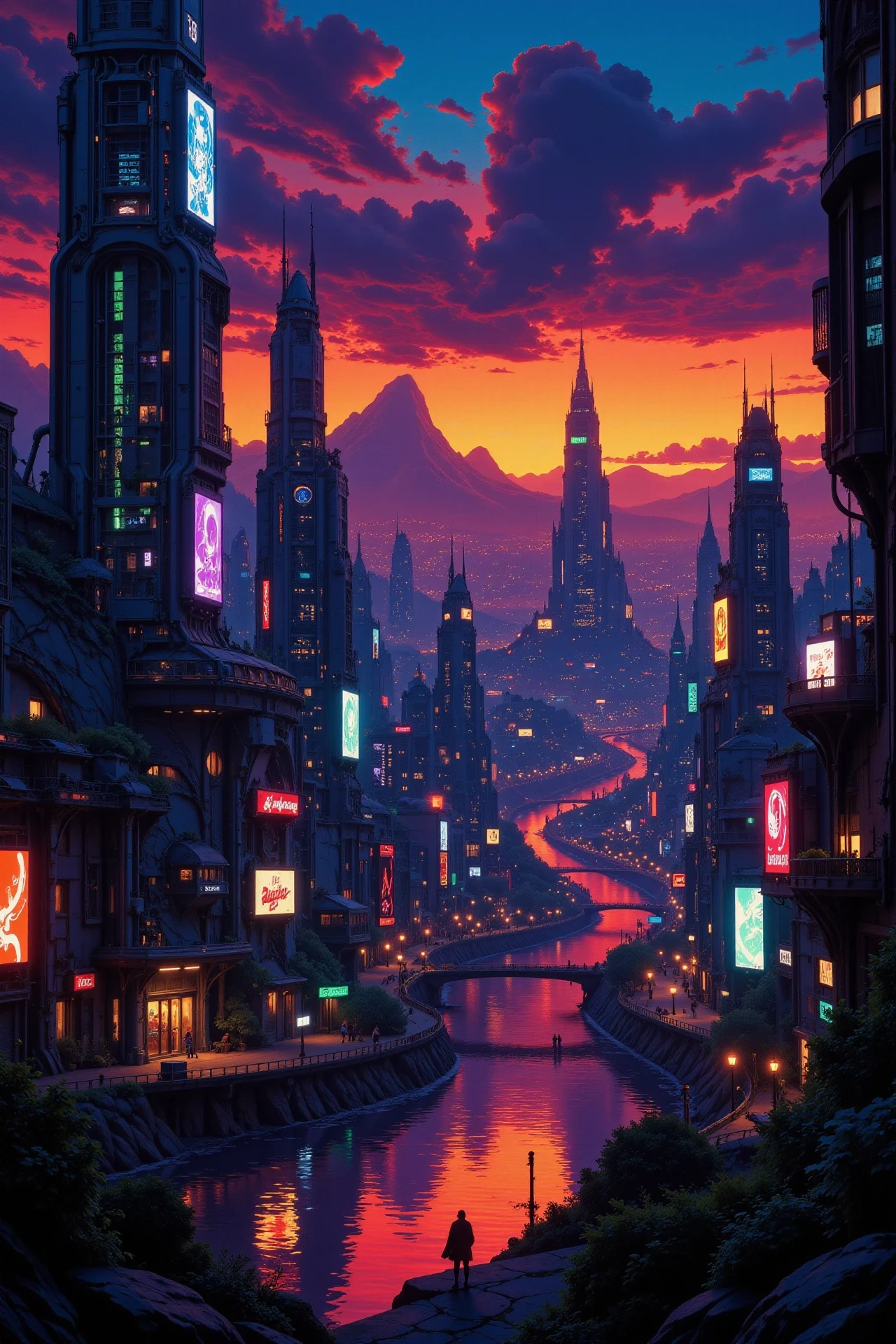 a futuristic sci-fi fantastic cyberpunk city beautiful  landscape, dusk, woman, very intricate, very detailed, sharp, bright, colorful, <lora:Hand v2:0.5> <lora:Anti-Blur:1><lora:Insane Detail Slider:0.25>  <lora:flux.1_lora_flyway_Epic-detail_v2:0.3> <lora:fluxenhancer:0.25> <lora:Anime_style:0.6> anime style