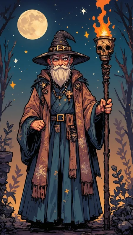 <lora:Simple_Anime_Style_Flux-000012.safetensors:1> FFSAS
In a tapestry of night, under a star-studded sky illuminated by the gentle glow of a full moon, stands an elderly wizard, his presence a blend of ancient wisdom and untamed power. His eyes, deep and resolute, reflect the celestial fire that burns within him. His cloak, a rich tapestry of dusty blues and peachy pinks, flows gracefully, capturing the essence of the night breeze. The fabric is woven with intricate patterns, reminiscent of filigree, each thread a story of ancient magic and forgotten lore.
His staff, a creation of artisanal perfection, combines the textures of woven fibers and smooth, ceramic-like surfaces. The staff's shaft is adorned with delicate, engraved decorative patterns, each curve and swirl a testament to the precision and care of its maker. Botanical accents, such as small, intricate flowers and leaves, embellish the staff, adding a touch of natural elegance.
The lighting is warm and diffused, casting soft shadows that highlight the wizard's determined expression and the rich textures of his attire. The scene is a harmonious blend of rustic charm and sophisticated craftsmanship, every element crafted to evoke a sense of whimsical elegance. The wizard stands ready for battle, not just in the physical sense, but as a guardian of the ancient and mystical, his very presence a testament to the enduring power of magic.