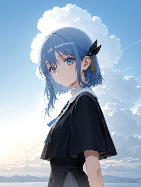 1girl, explicit,
<lora:CIELV1:0.7> CIEL, blue hair, short hair, black hair ornament, black dress, white collar, blue brooch, black highheel,
outdoors, bluesky, white cloud, upper body, looking at viewer, from side, close up, smiling, closed mouth,
masterpiece, best quality, masterpiece,best quality,newest,absurdres,highres, artist: LM7, artist: ciloranko,artist: awei,artist: Infukun,artist: sho_(sho_lwlw),artist: modare,artist: feint721,artist: azling,artist: chuzenji,