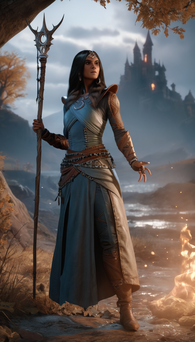 professional 3d model Cinematic scene, hero view, d4s sorceress <lora:diablo_4_sorceress_v0.0.1:1>, action pose, nature, detailed background, masterpiece, best quality, high quality, absurdres . octane render, highly detailed, volumetric, dramatic lighting