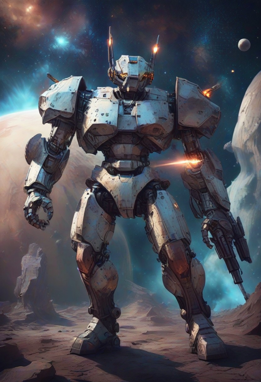 mecha,made of copper,science fiction,no humans,glowing,retro artstyle,space,star \(sky\),planet,earth \(planet\),space craft,starry sky,weapon,milky way